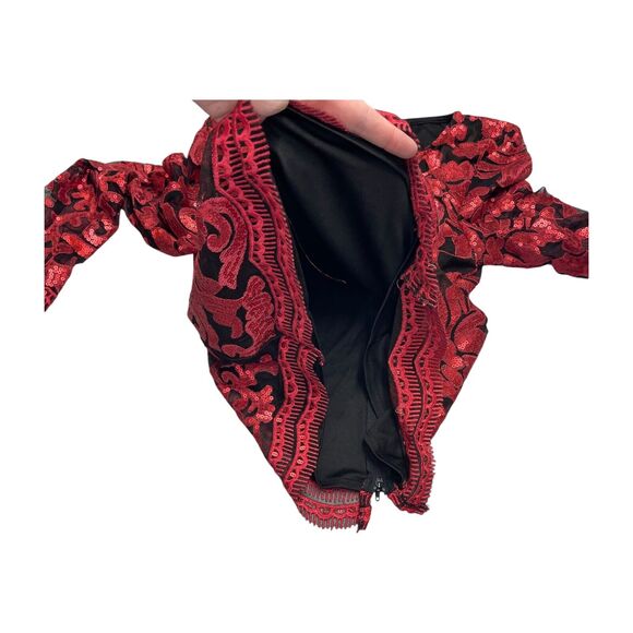 Marina Swirl Mesh Blouse Women's Medium Red Black Sequin Long Sleeve Cropped Top - Picture 4 of 8